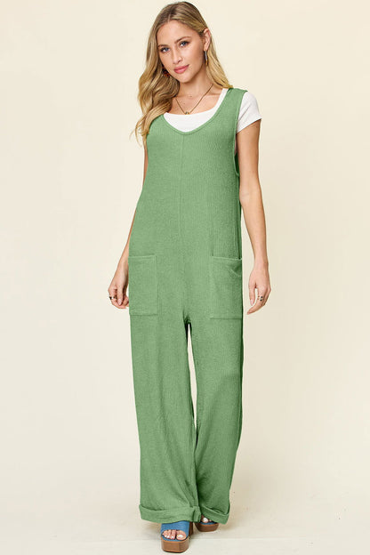 Double Take Full Size Texture Sleeveless Wide Leg Jumpsuit us.meeeshop - 