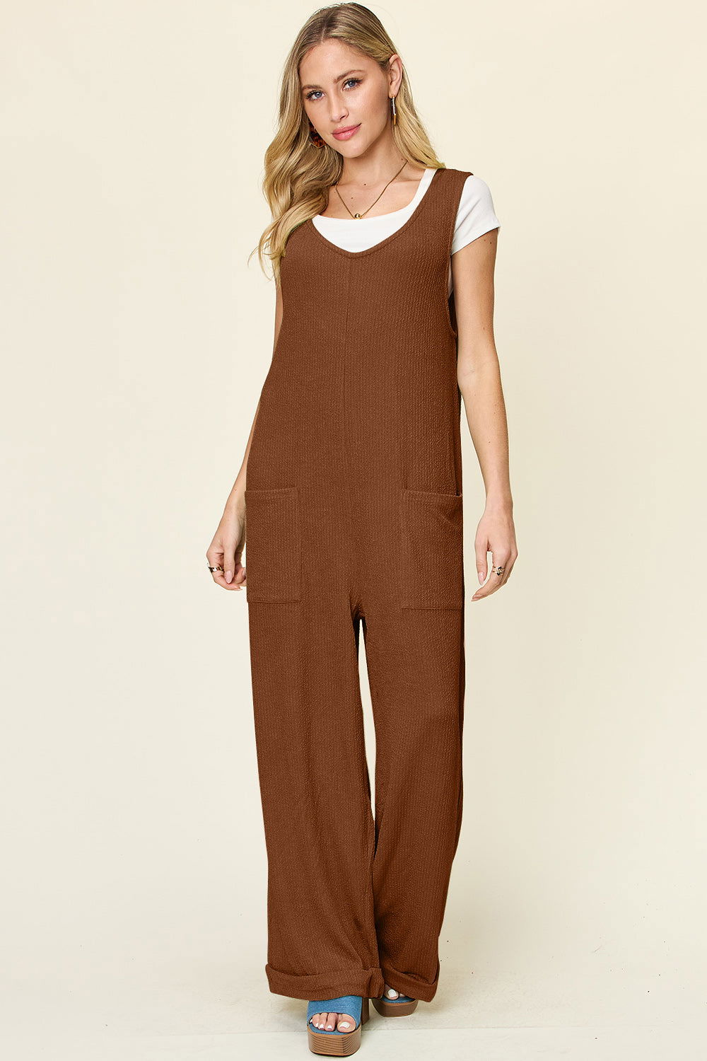 Double Take Full Size Texture Sleeveless Wide Leg Jumpsuit us.meeeshop - 