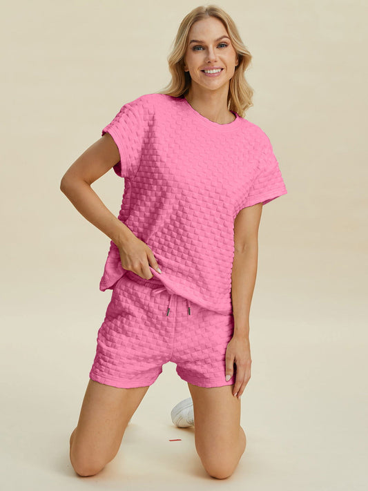 Double Take Full Size Texture T-Shirt and Shorts Set us.meeeshop - Outfit Sets