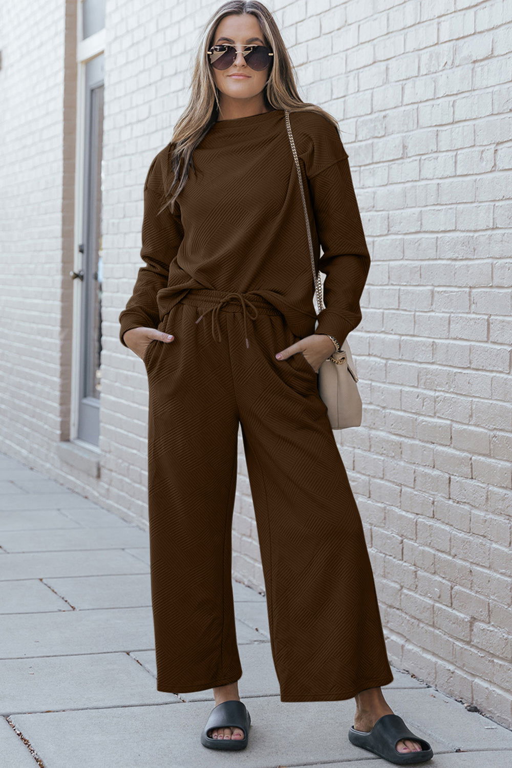 Double Take Full Size Textured Long Sleeve Top and Drawstring Pants Set us.meeeshop - 