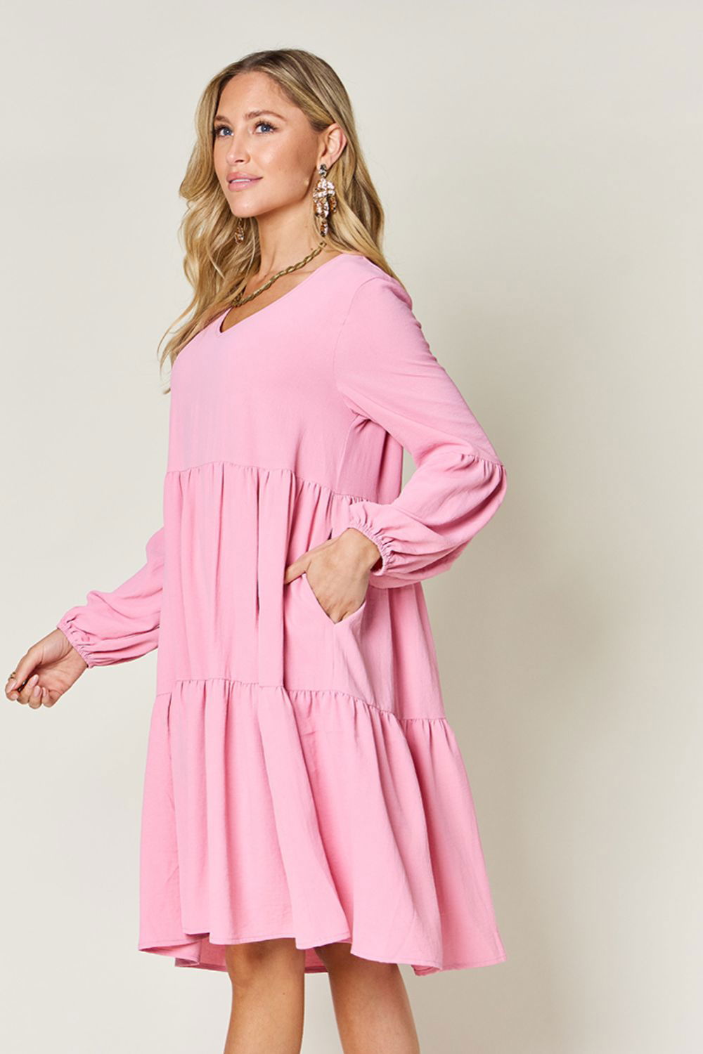 Double Take Full Size V-Neck Balloon Sleeve Tiered Dress with Pockets us.meeeshop - 