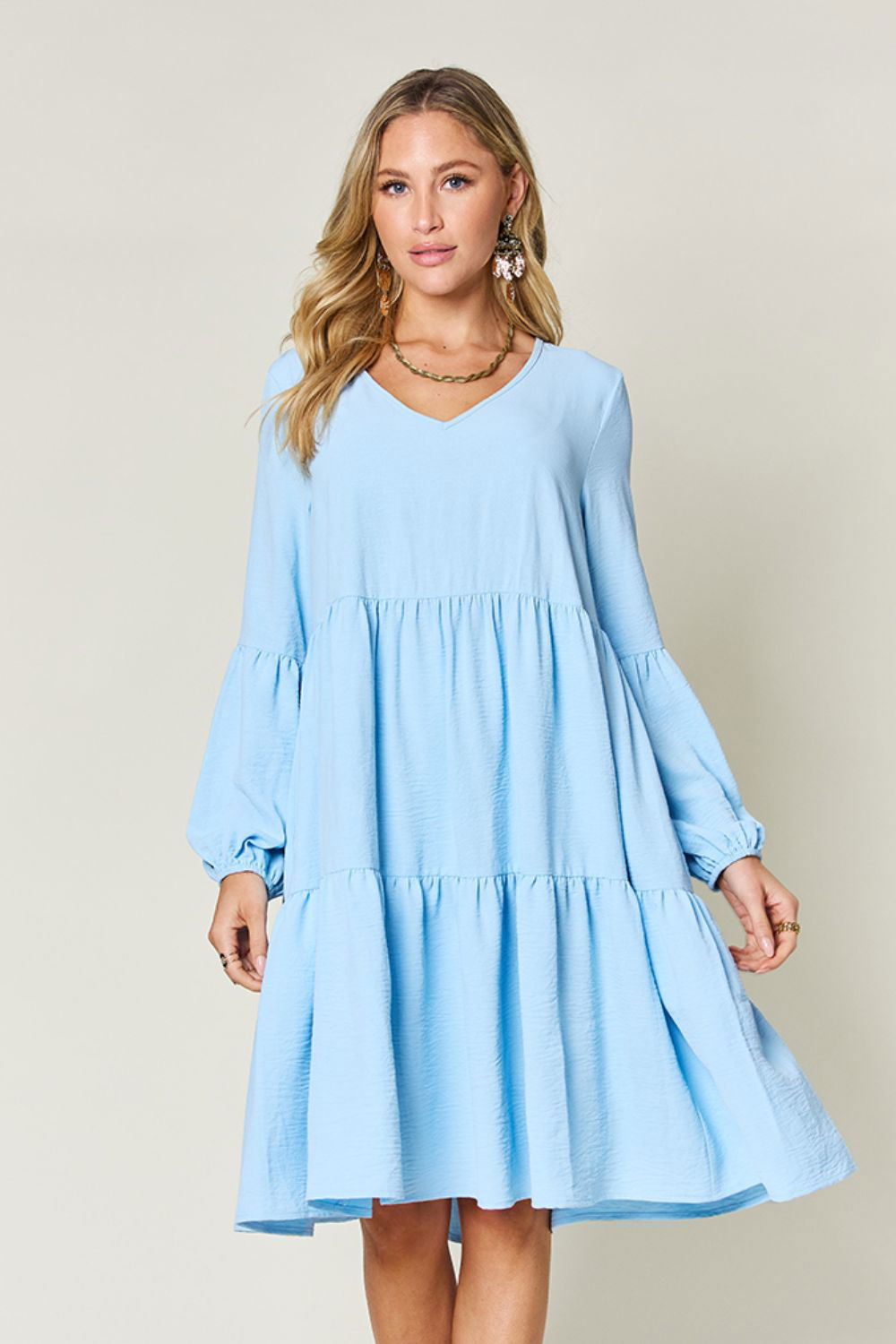 Double Take Full Size V-Neck Balloon Sleeve Tiered Dress with Pockets us.meeeshop - 