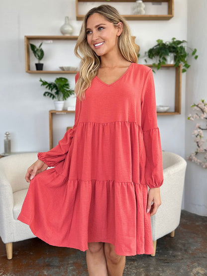 Double Take Full Size V-Neck Balloon Sleeve Tiered Dress with Pockets us.meeeshop - 