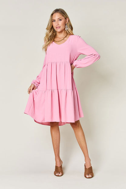 Double Take Full Size V-Neck Balloon Sleeve Tiered Dress with Pockets us.meeeshop - 