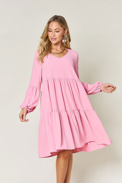 Double Take Full Size V-Neck Balloon Sleeve Tiered Dress with Pockets us.meeeshop - 