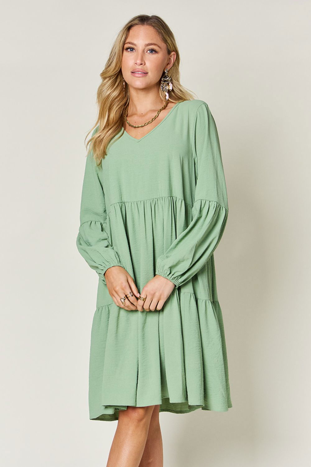 Double Take Full Size V-Neck Balloon Sleeve Tiered Dress with Pockets us.meeeshop - 