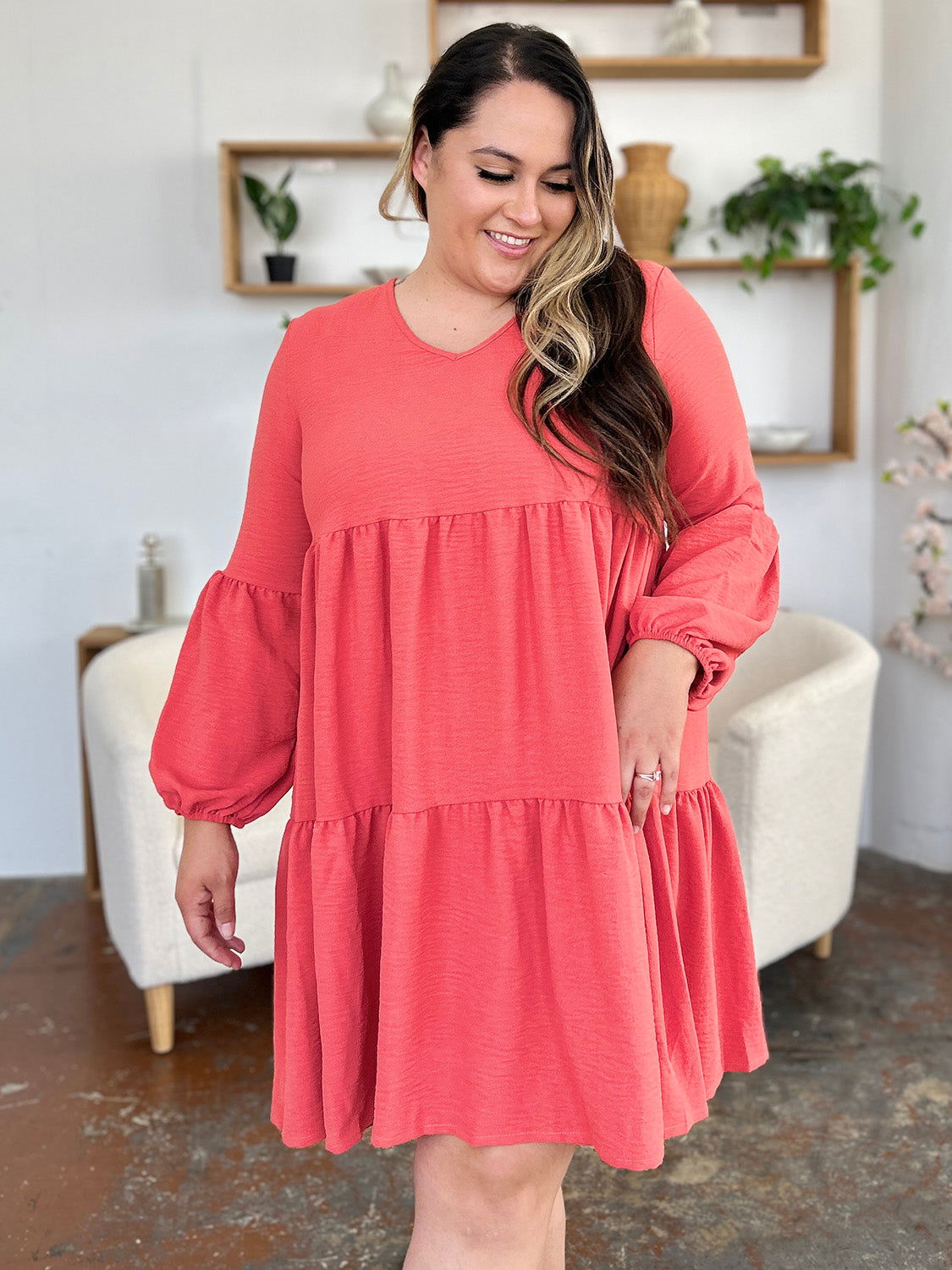 Double Take Full Size V-Neck Balloon Sleeve Tiered Dress with Pockets us.meeeshop - 