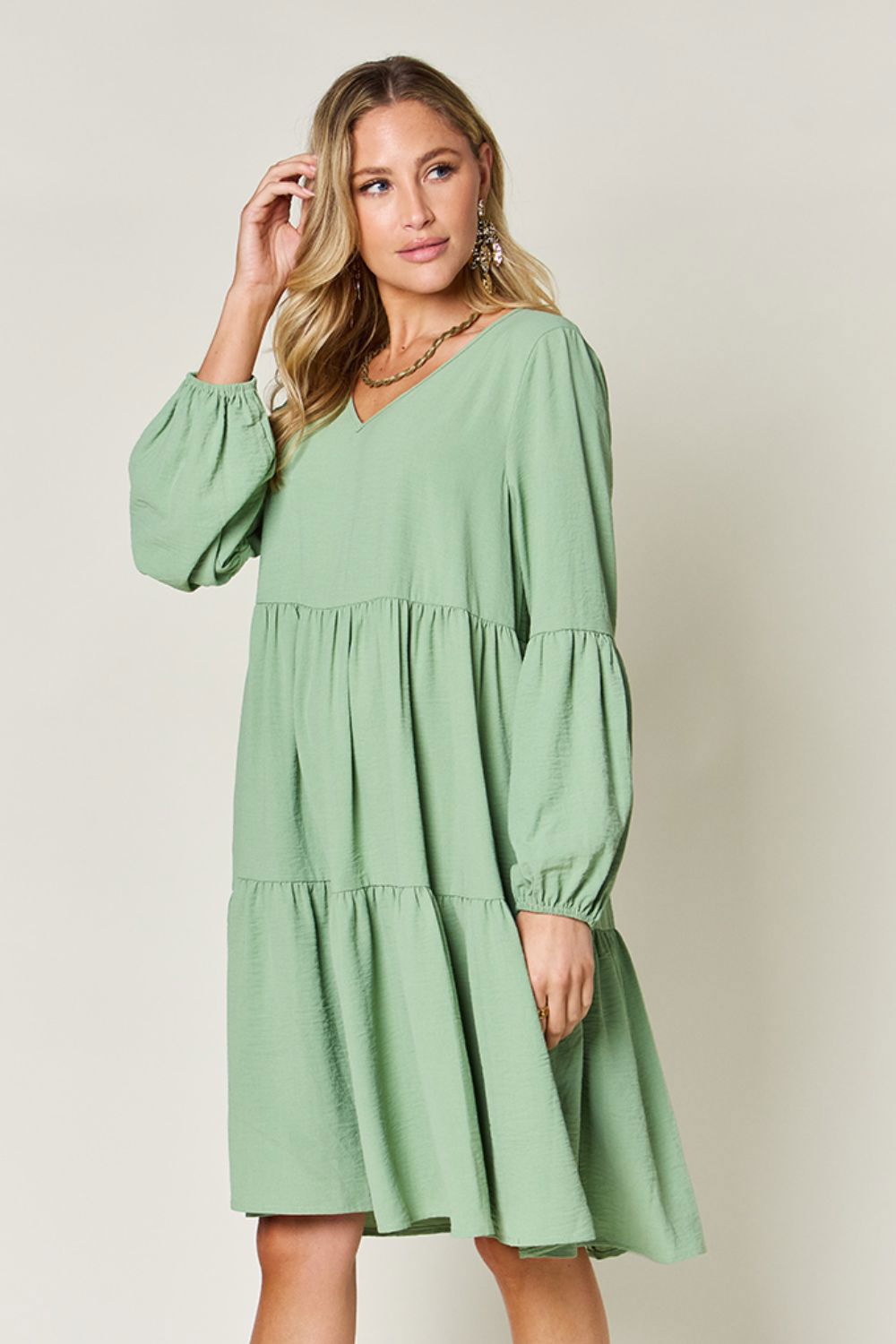 Double Take Full Size V-Neck Balloon Sleeve Tiered Dress with Pockets us.meeeshop - 