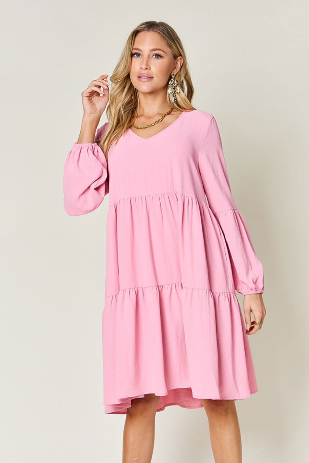 Double Take Full Size V-Neck Balloon Sleeve Tiered Dress with Pockets us.meeeshop - Dresses