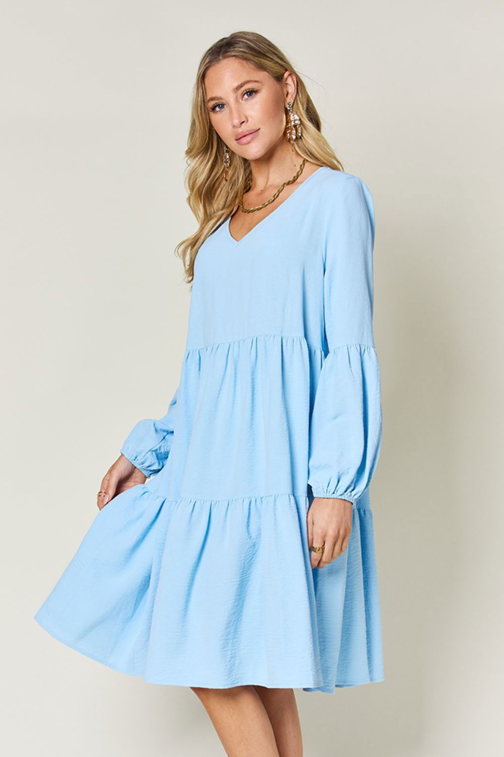 Double Take Full Size V-Neck Balloon Sleeve Tiered Dress with Pockets us.meeeshop - 