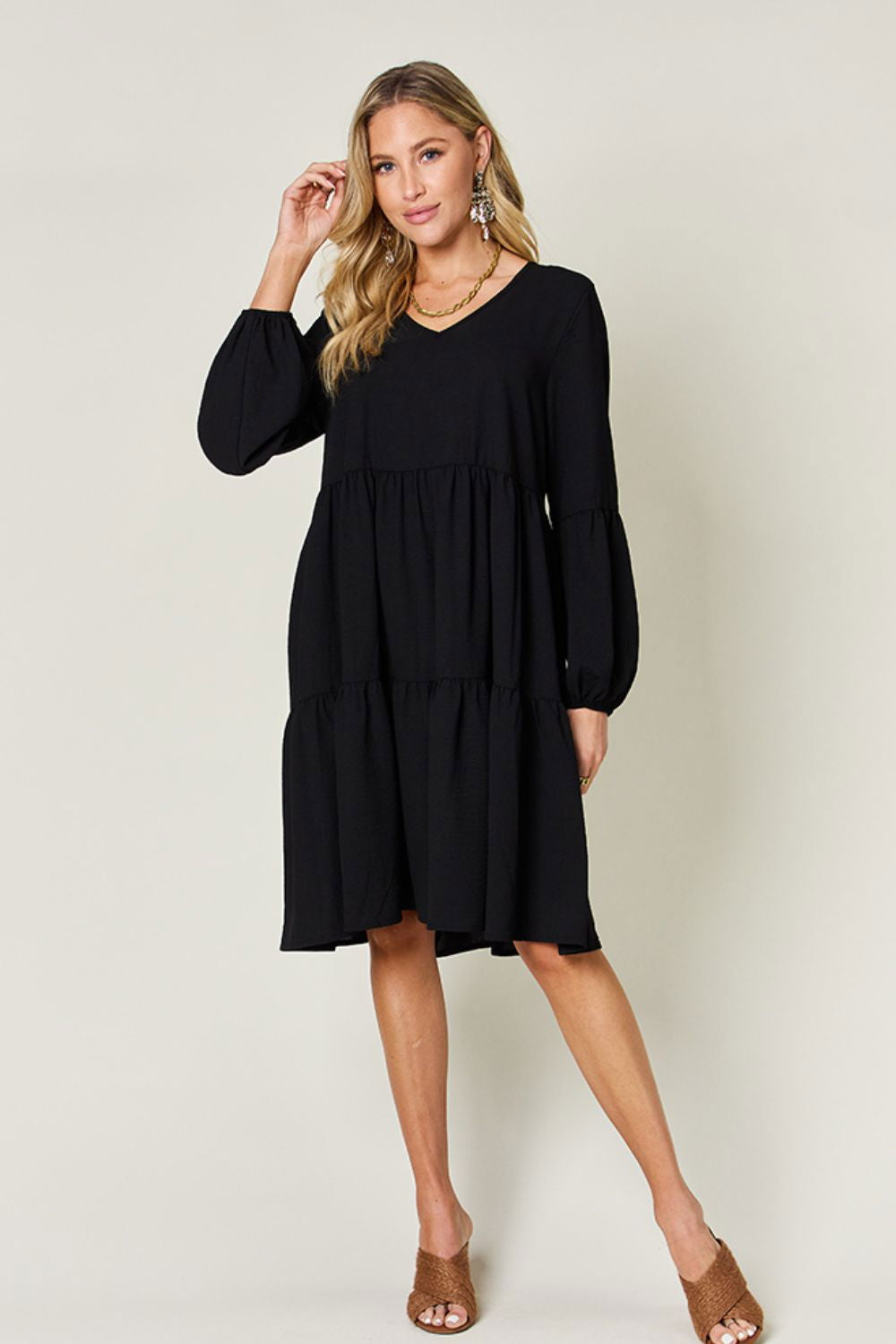 Double Take Full Size V-Neck Balloon Sleeve Tiered Dress with Pockets us.meeeshop - 