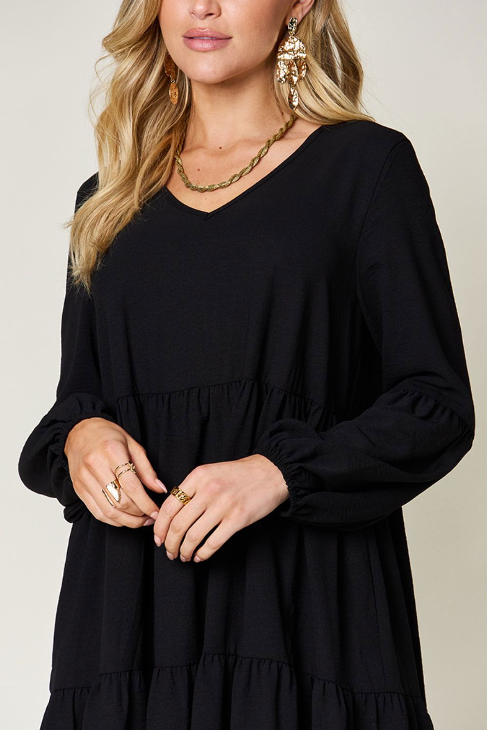 Double Take Full Size V-Neck Balloon Sleeve Tiered Dress with Pockets us.meeeshop - 