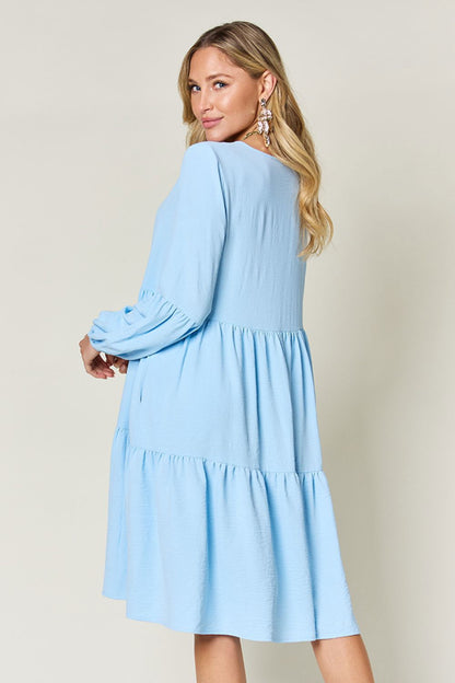 Double Take Full Size V-Neck Balloon Sleeve Tiered Dress with Pockets us.meeeshop - 