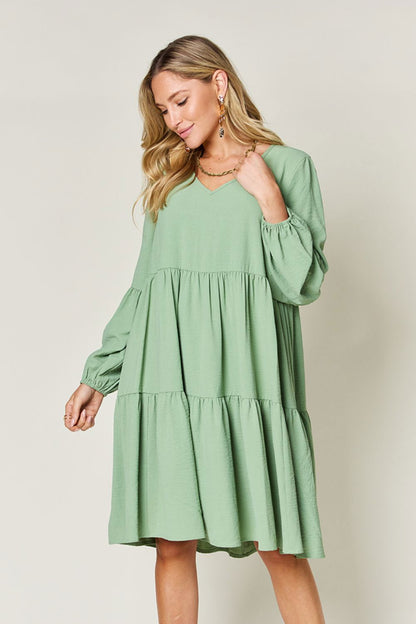 Double Take Full Size V-Neck Balloon Sleeve Tiered Dress with Pockets us.meeeshop - 