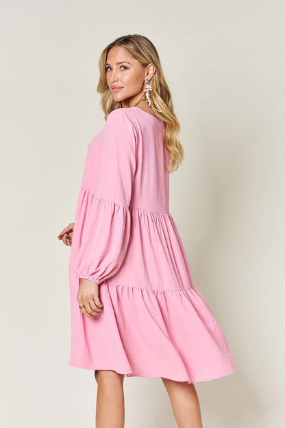 Double Take Full Size V-Neck Balloon Sleeve Tiered Dress with Pockets us.meeeshop - 