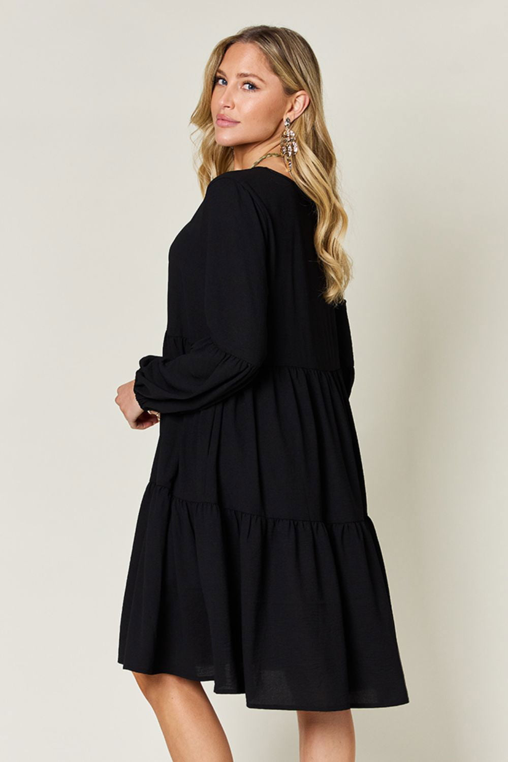 Double Take Full Size V-Neck Balloon Sleeve Tiered Dress with Pockets us.meeeshop - 