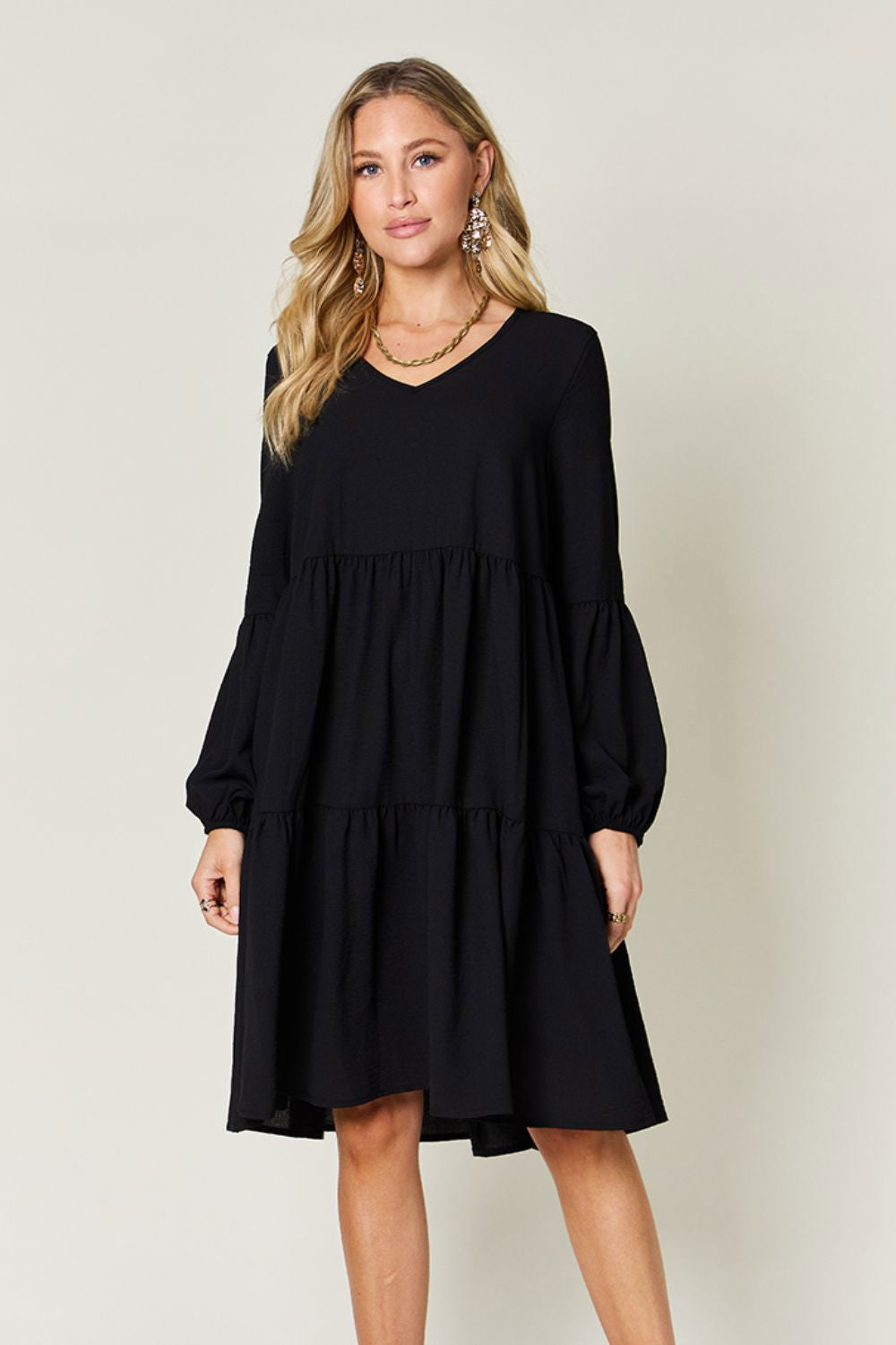 Double Take Full Size V-Neck Balloon Sleeve Tiered Dress with Pockets us.meeeshop - 