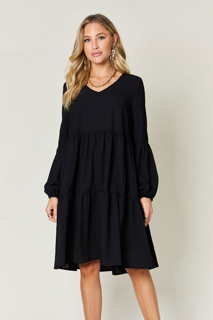 Double Take Full Size V-Neck Balloon Sleeve Tiered Dress with Pockets us.meeeshop - 