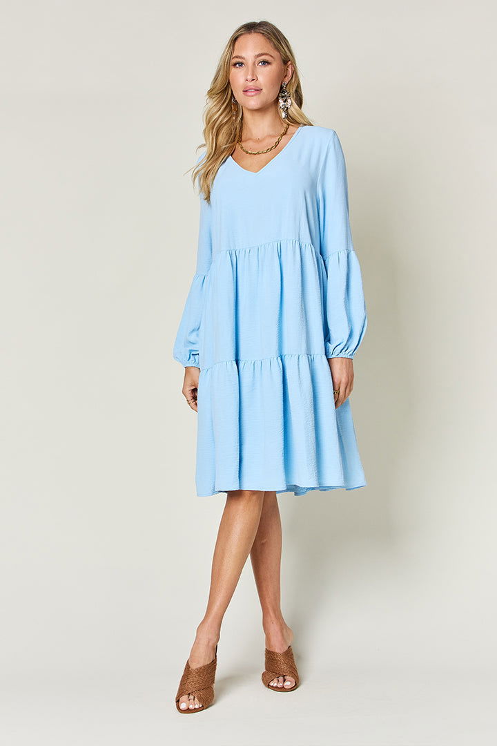 Double Take Full Size V-Neck Balloon Sleeve Tiered Dress with Pockets us.meeeshop - 