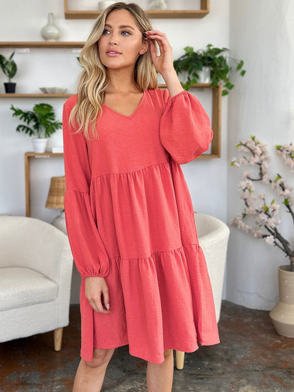 Double Take Full Size V-Neck Balloon Sleeve Tiered Dress with Pockets us.meeeshop - 