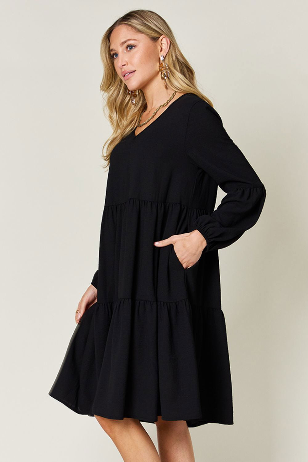 Double Take Full Size V-Neck Balloon Sleeve Tiered Dress with Pockets us.meeeshop - 