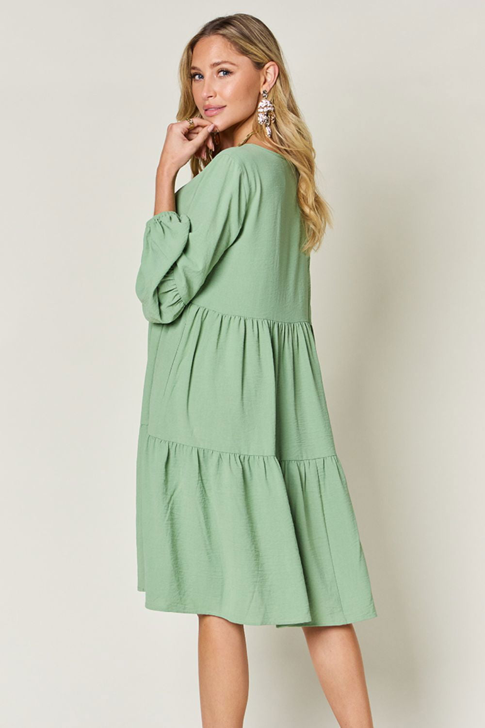 Double Take Full Size V-Neck Balloon Sleeve Tiered Dress with Pockets us.meeeshop - 