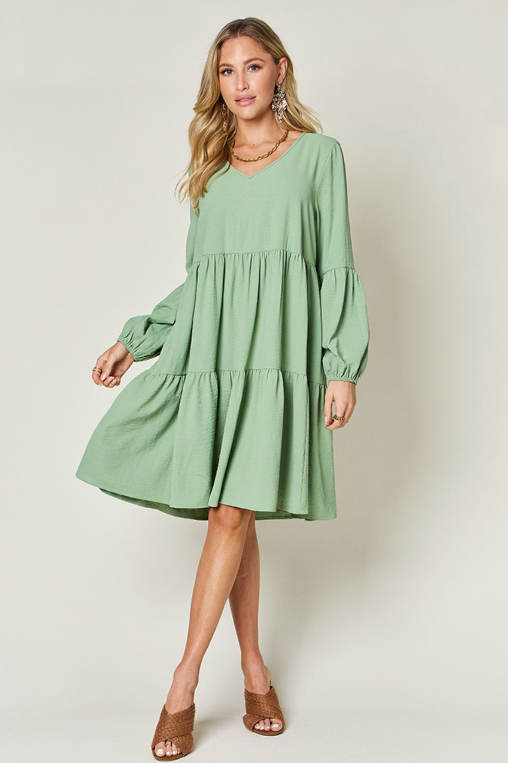 Double Take Full Size V-Neck Balloon Sleeve Tiered Dress with Pockets us.meeeshop - 