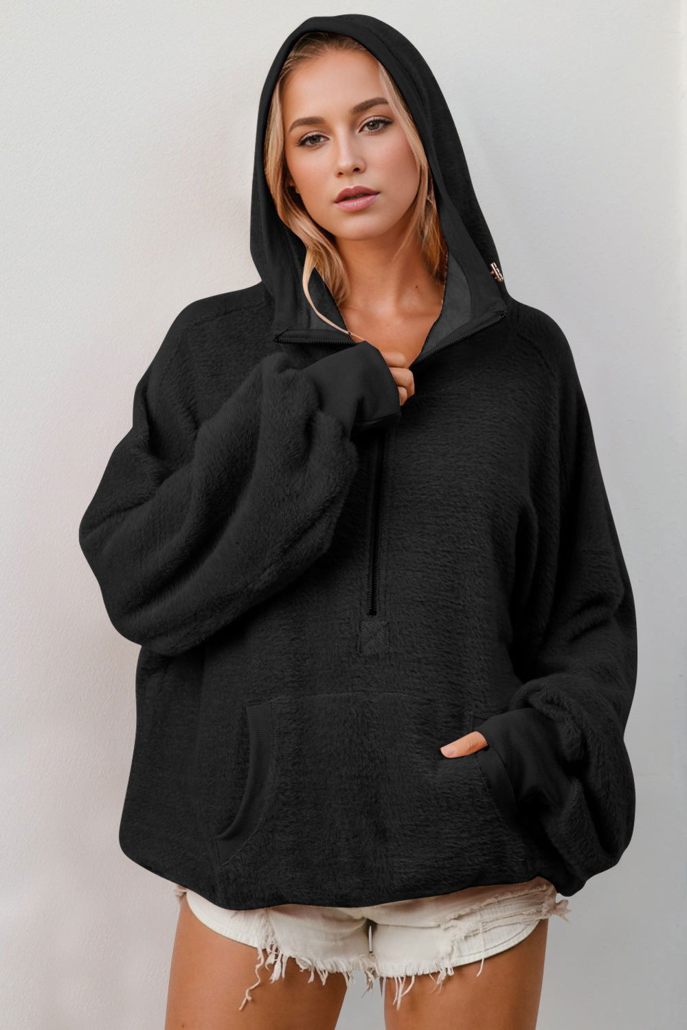 Double Take Half Zip Long Sleeve Hoodie with Kangaroo Pocket us.meeeshop - Shirts & Tops