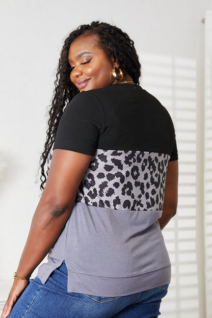 Double Take Leopard Print Color Block Short Sleeve T-Shirt | us.meeeshop