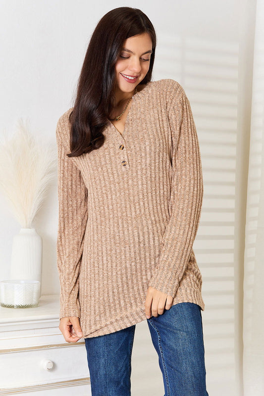 Double Take Notched Neck Ribbed Long Sleeve T-Shirt us.meeeshop - Shirts & Tops