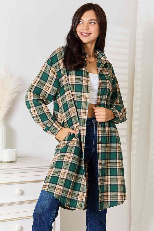 Double Take Plaid Collared Neck Long Sleeve Shirt us.meeeshop - Shirts & Tops