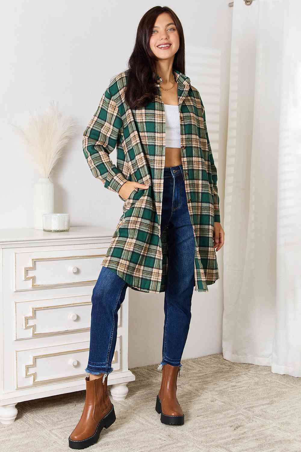 Double Take Plaid Collared Neck Long Sleeve Shirt | us.meeeshop