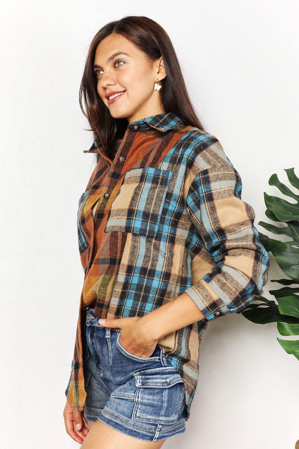 Double Take Plaid Curved Hem Shirt Jacket with Breast Pockets us.meeeshop - 