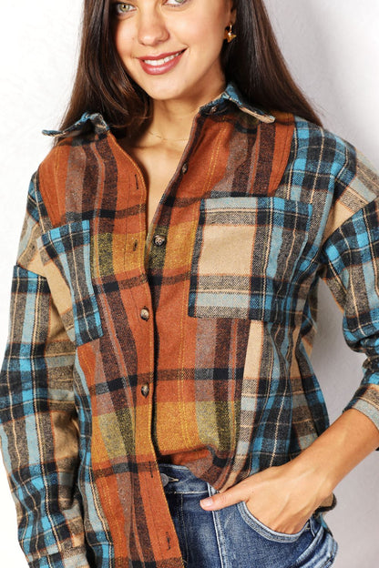 Double Take Plaid Curved Hem Shirt Jacket with Breast Pockets us.meeeshop - 