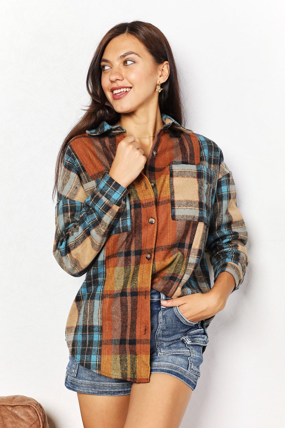 Double Take Plaid Curved Hem Shirt Jacket with Breast Pockets | us.meeeshop