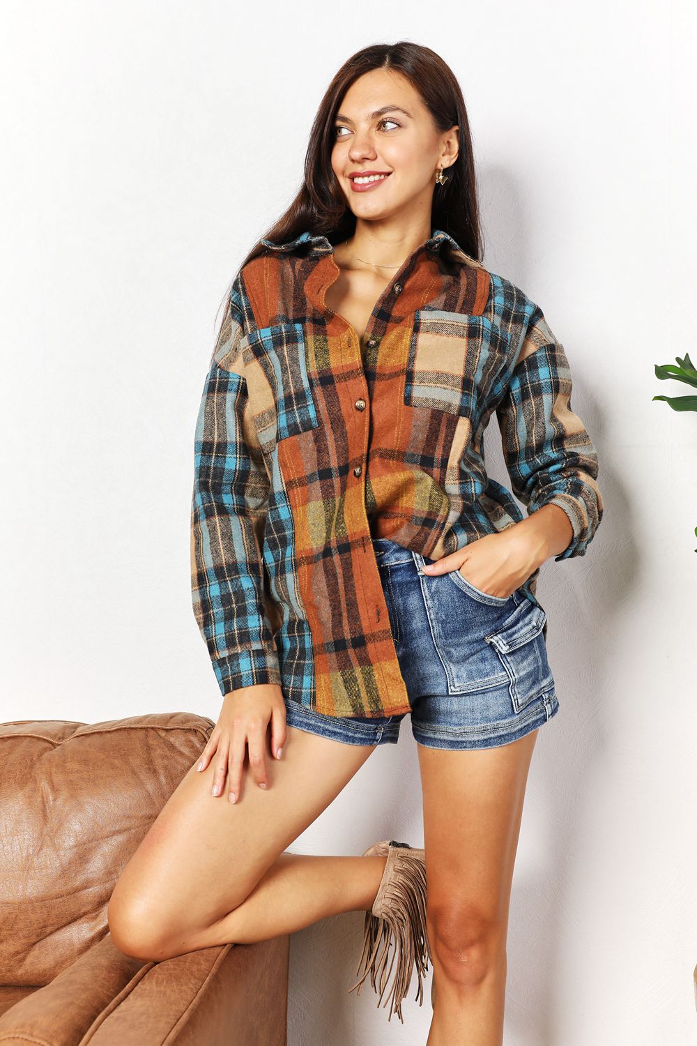 Double Take Plaid Curved Hem Shirt Jacket with Breast Pockets | us.meeeshop