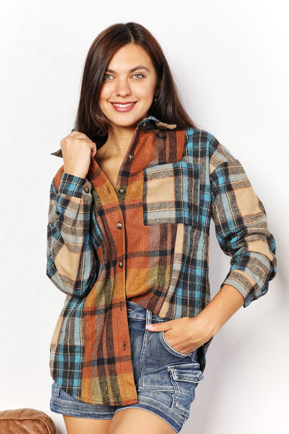 Double Take Plaid Curved Hem Shirt Jacket with Breast Pockets us.meeeshop - 