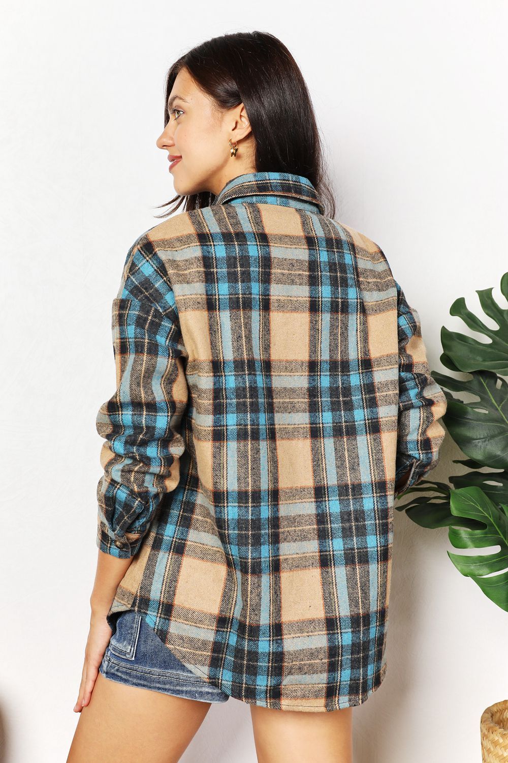 Double Take Plaid Curved Hem Shirt Jacket with Breast Pockets us.meeeshop - 