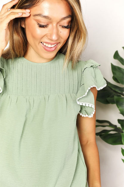 Double Take Pleated Detail Flutter Sleeve Blouse us.meeeshop - 