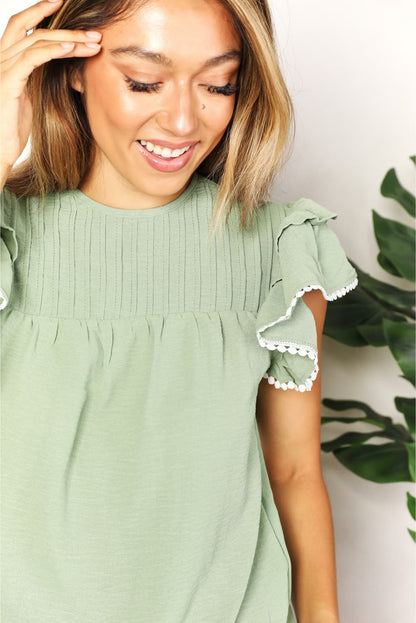 Double Take Pleated Detail Flutter Sleeve Blouse | us.meeeshop