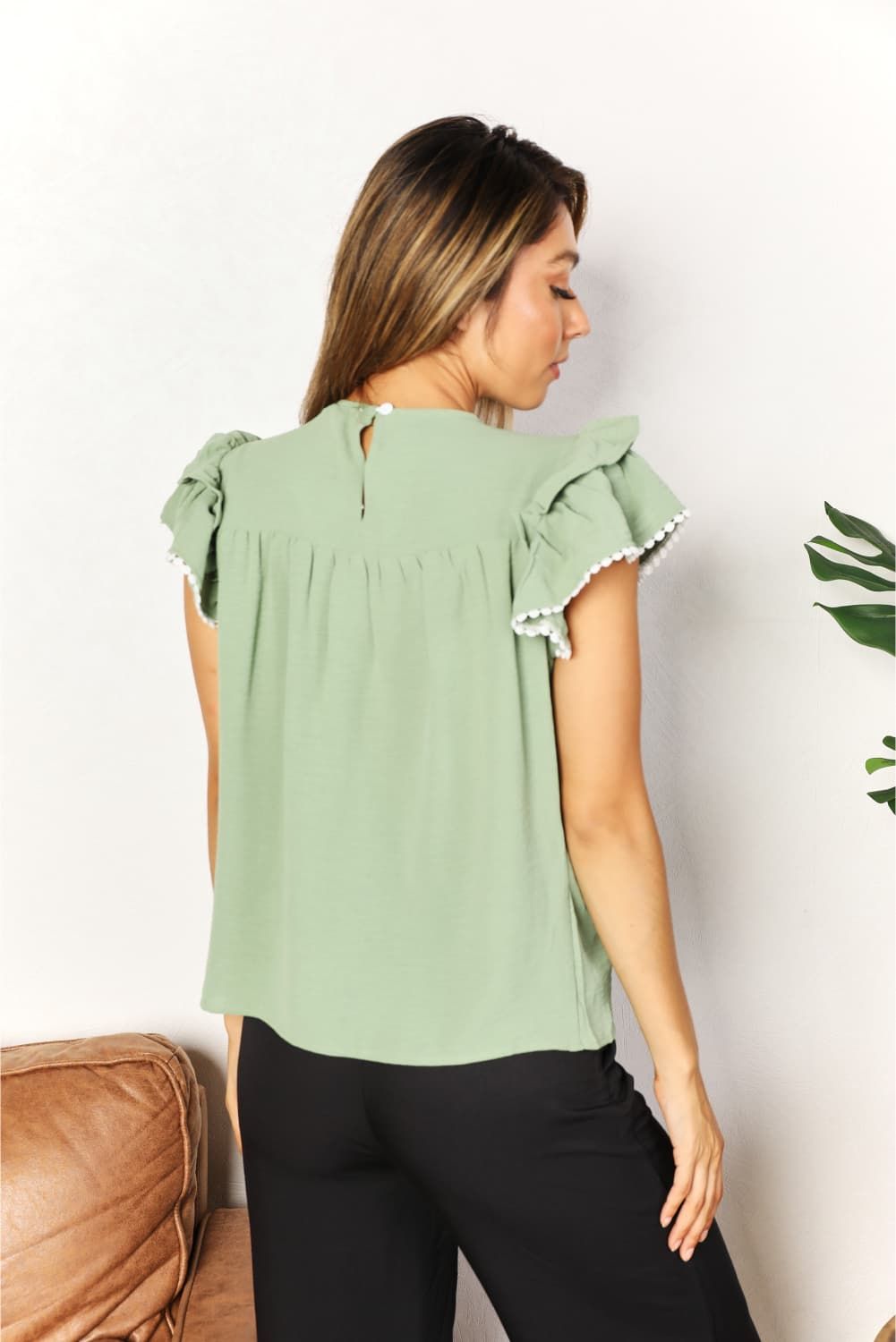 Double Take Pleated Detail Flutter Sleeve Blouse us.meeeshop - 