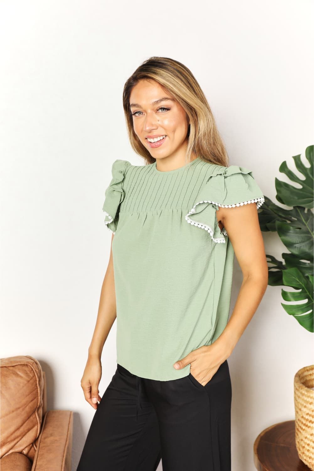 Double Take Pleated Detail Flutter Sleeve Blouse us.meeeshop - 