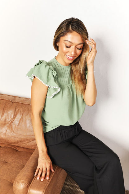 Double Take Pleated Detail Flutter Sleeve Blouse | us.meeeshop