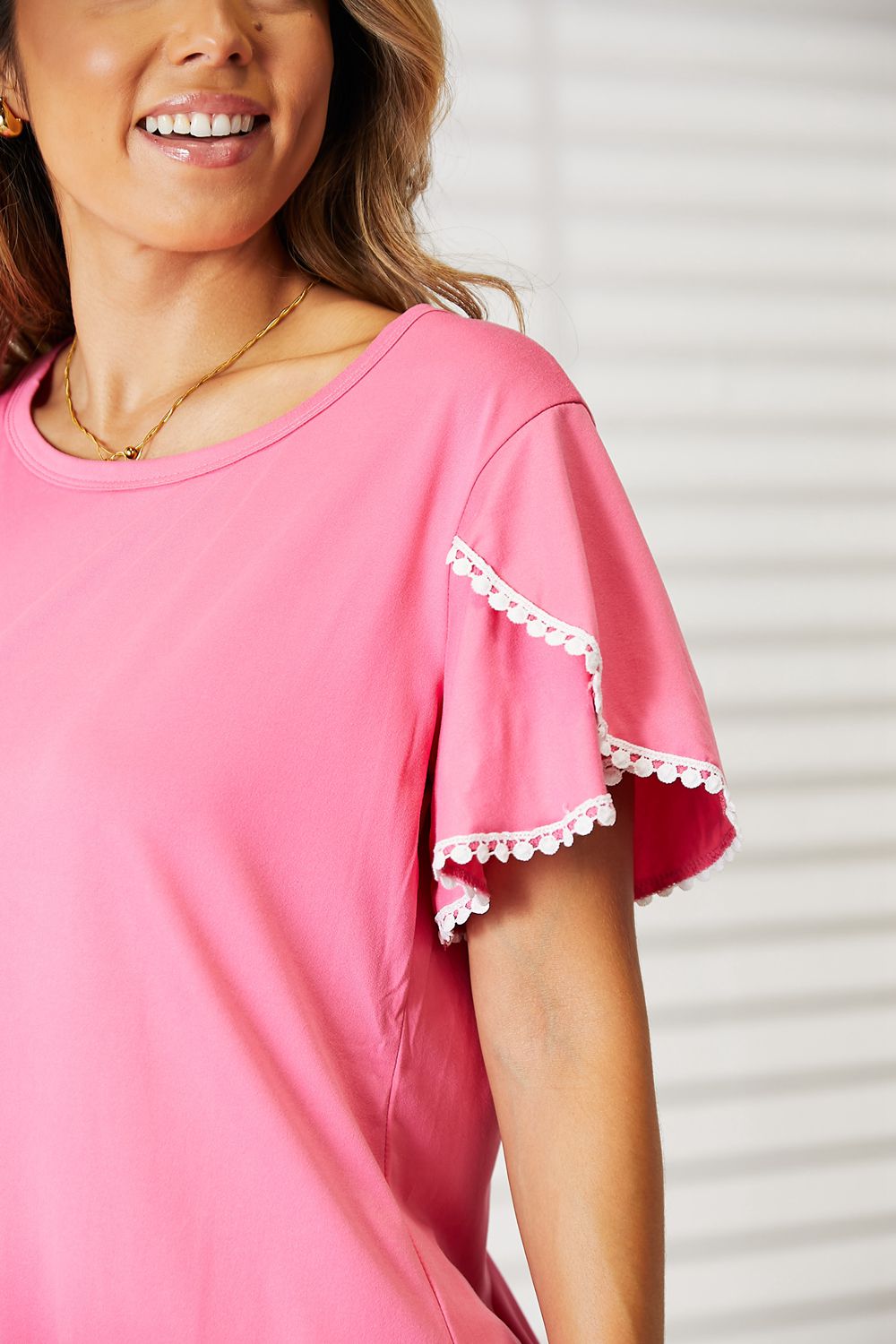 Double Take Pom-Pom Trim Flutter Sleeve Round Neck T-Shirt | us.meeeshop