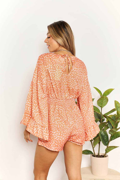 Double Take Printed Flare Sleeve Surplice Romper us.meeeshop - 