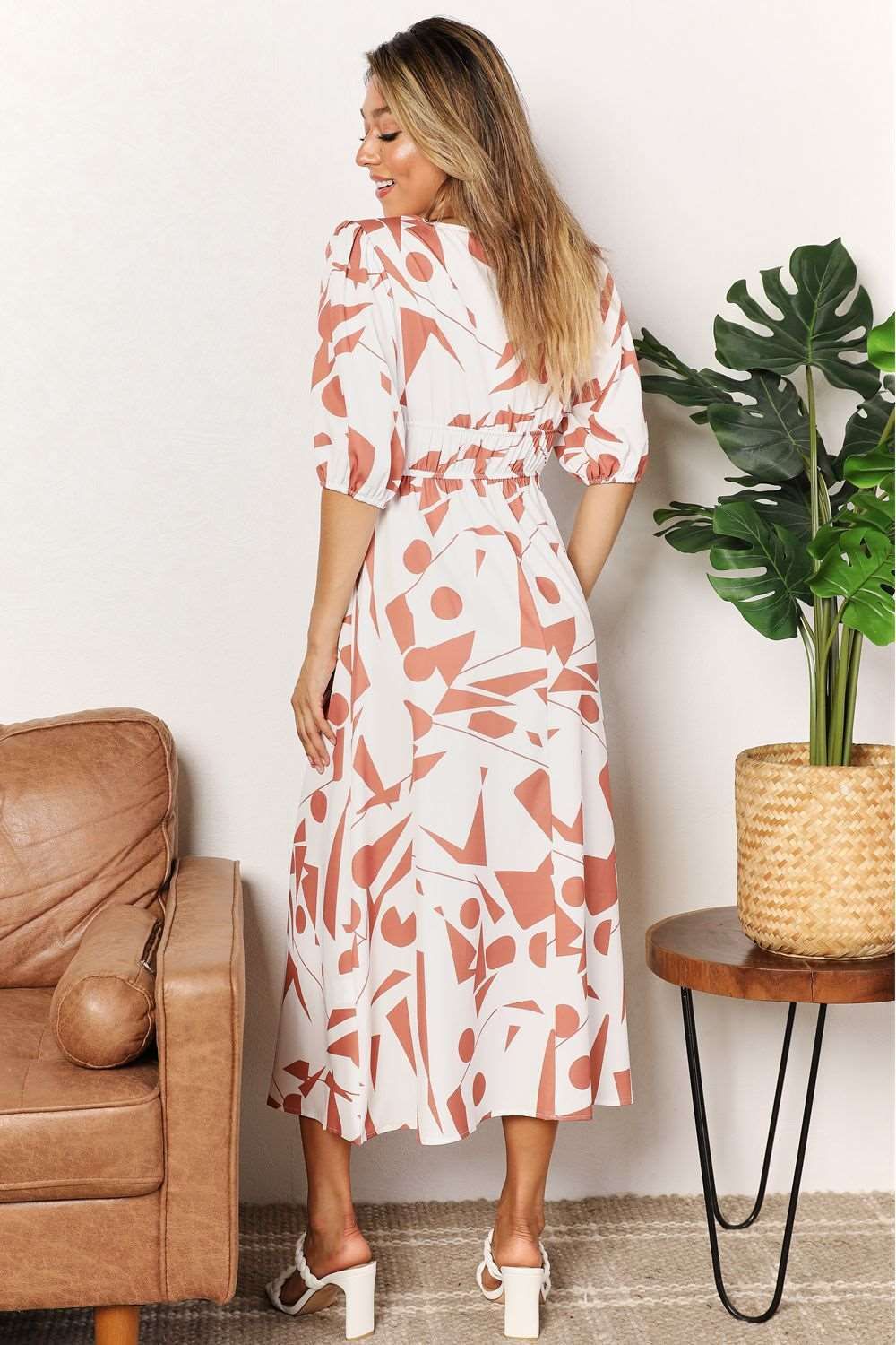 Double Take Printed Surplice Balloon Sleeve Dress us.meeeshop - 