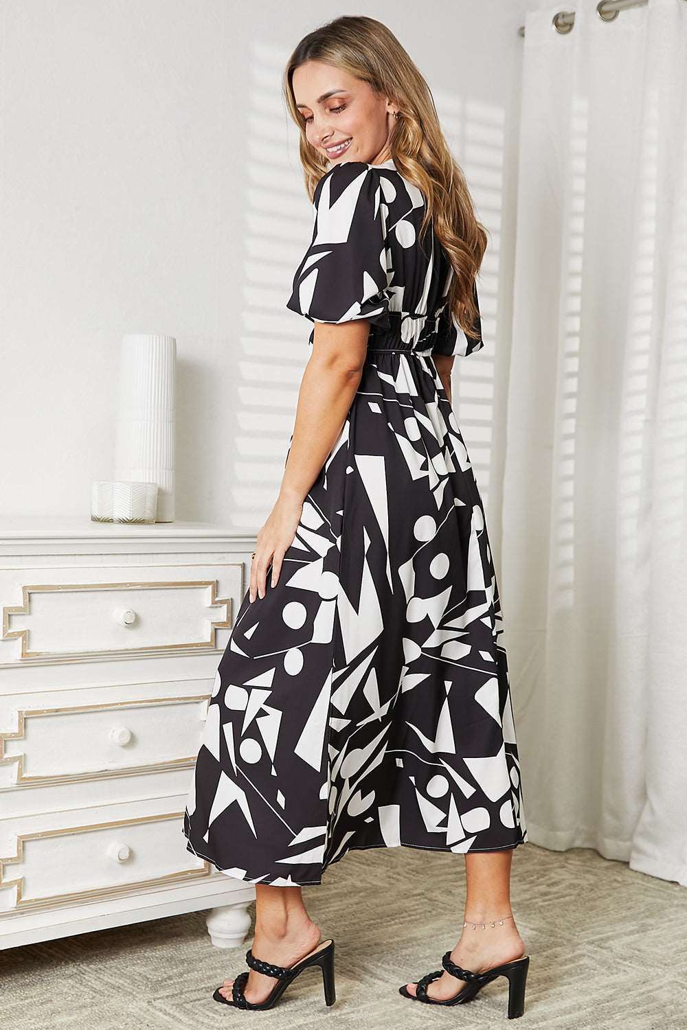 Double Take Printed Surplice Balloon Sleeve Dress us.meeeshop - 