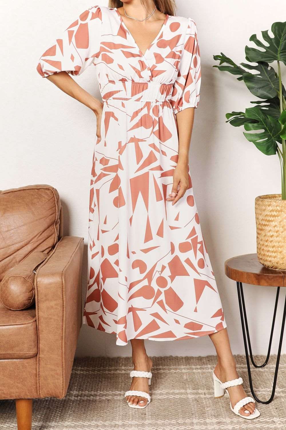 Double Take Printed Surplice Balloon Sleeve Dress us.meeeshop - 