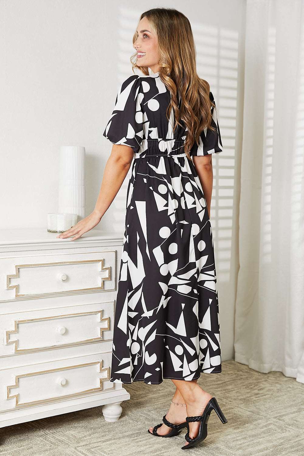 Double Take Printed Surplice Balloon Sleeve Dress us.meeeshop - 