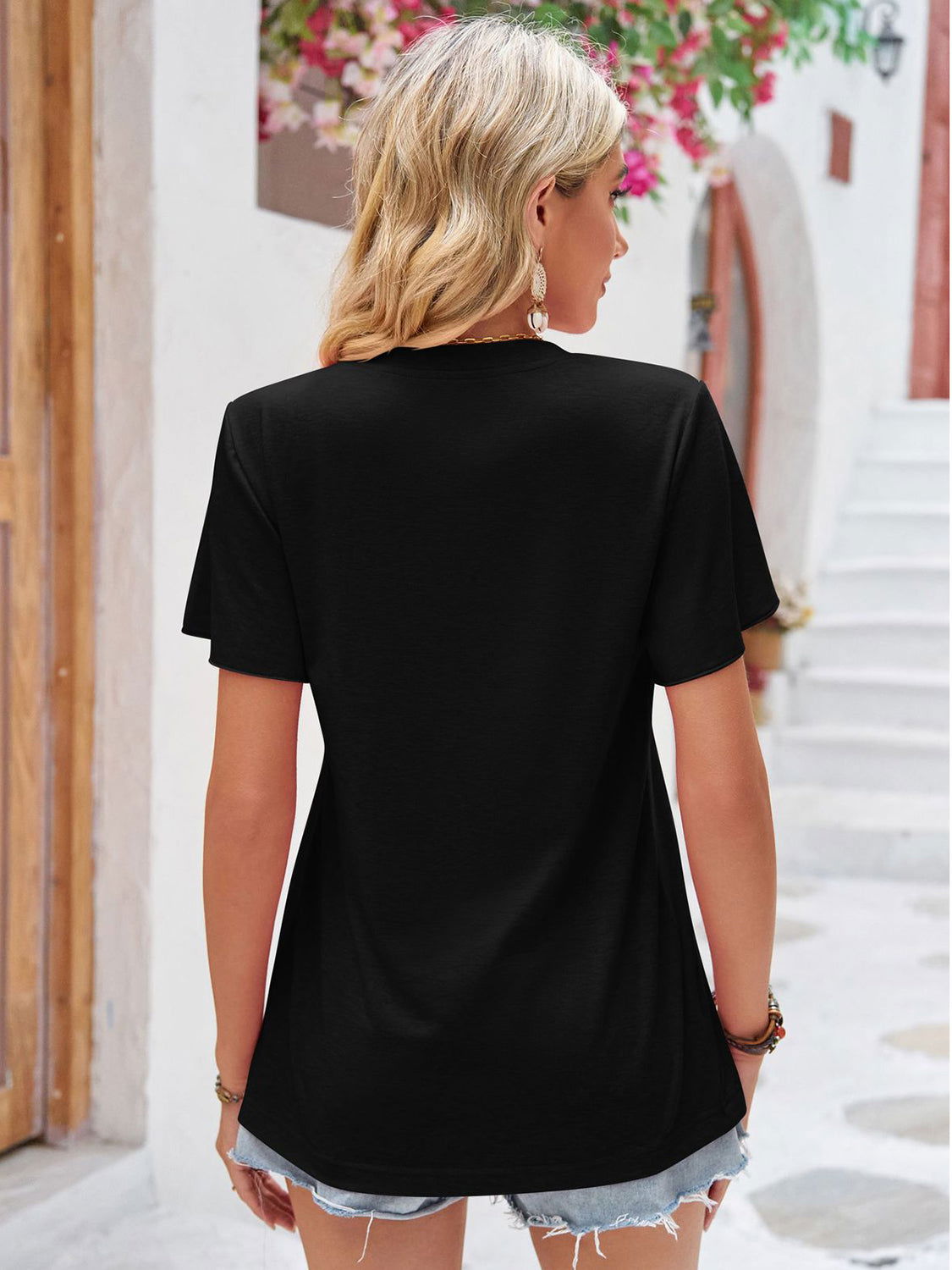 Double Take Ruched V-Neck Short Sleeve T-Shirt us.meeeshop - 